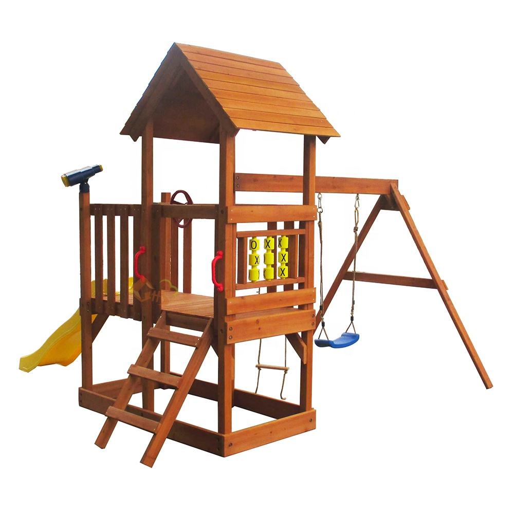 outdoor wooden swing and slide set