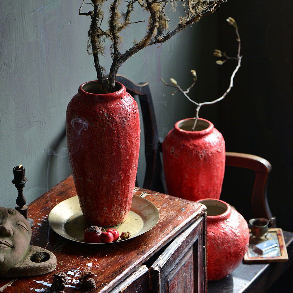 Bixuan Vases Red Retro Distressed Ceramic Jar Vase Unique Bubbles Decor Art Porcelain Vases Table Centerpieces Set of 3