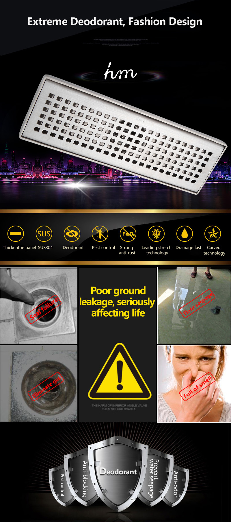 Latest Design 33*14*8CM Bathroom Conceal 304 Stainless Steel Grate Shower Deodorant Floor Drain With Bathtub Drain Protector