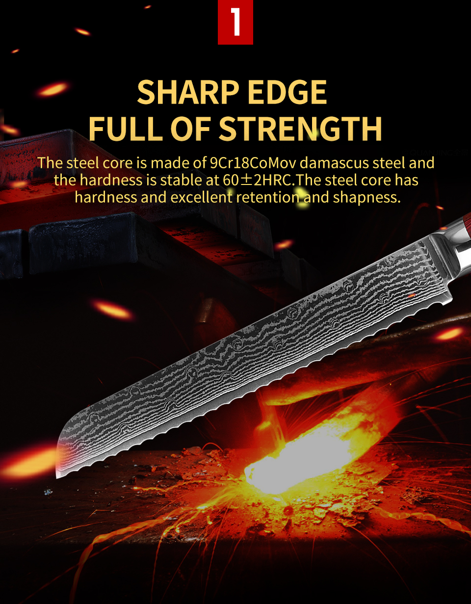 FINDKING Red color wood handle bread knife in 67 layers damascus steel bread knife