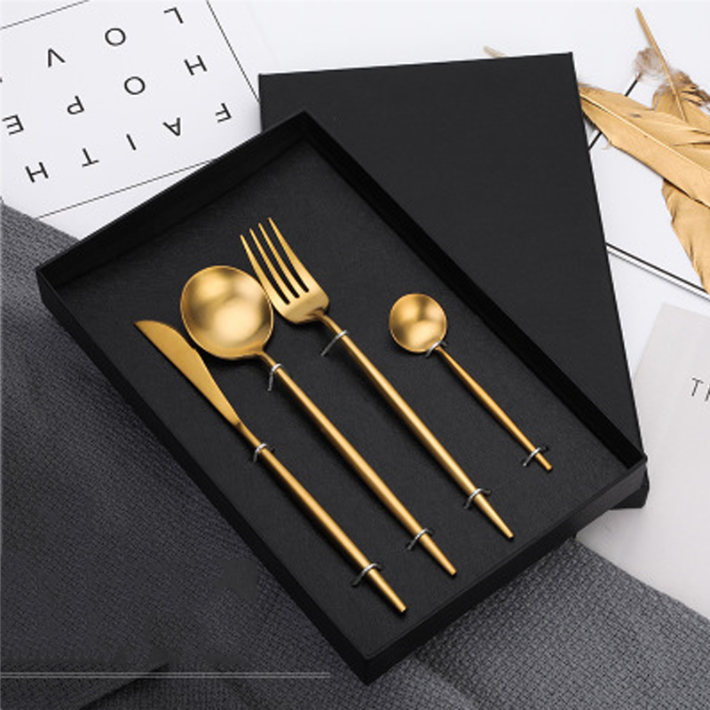 Royal Gold Titanium Coated Flatware Set cubiertos de acero inoxidable Dinnerware with Box for hotel restaurant home