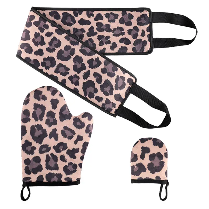 Custom Private Label A Set of three soft membrane Leopard applicator Glove Sunless Tanning Mitt Belt Pack