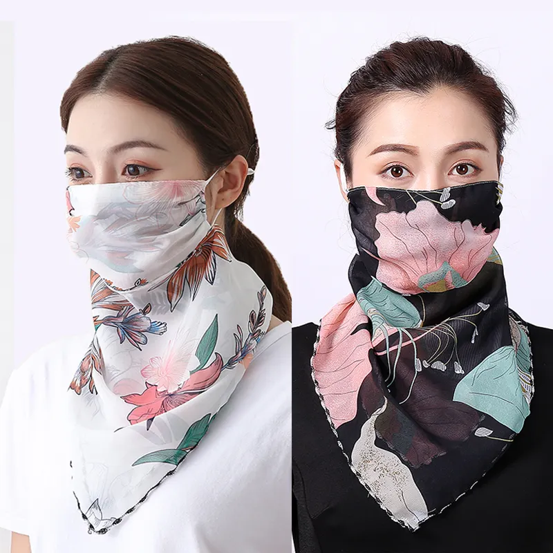 Wholesale hot sale floral print cycling scarf protective reusable women neck wear earloop chiffon face scarf