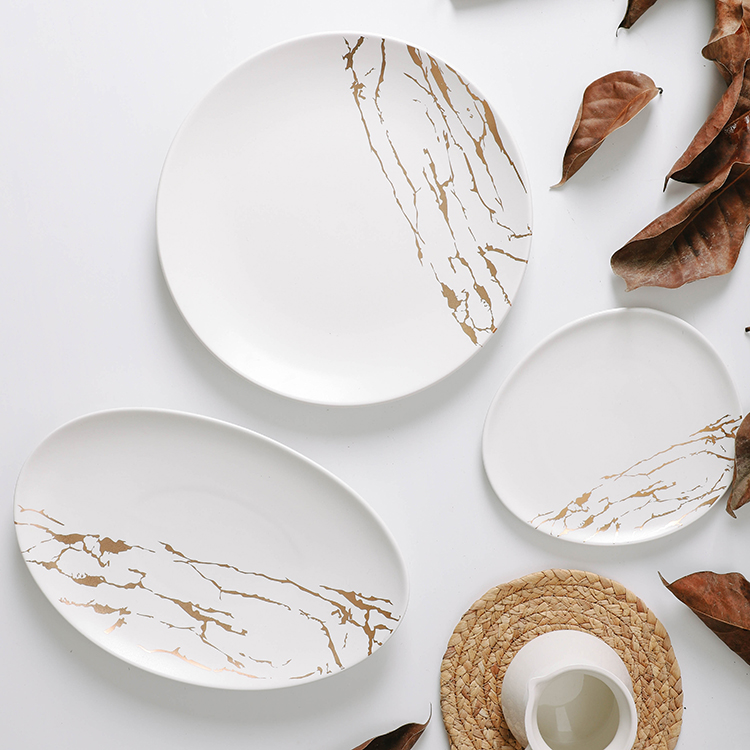 Home goods tableware matt white golden marble ceramic pasta dessert dinner plate