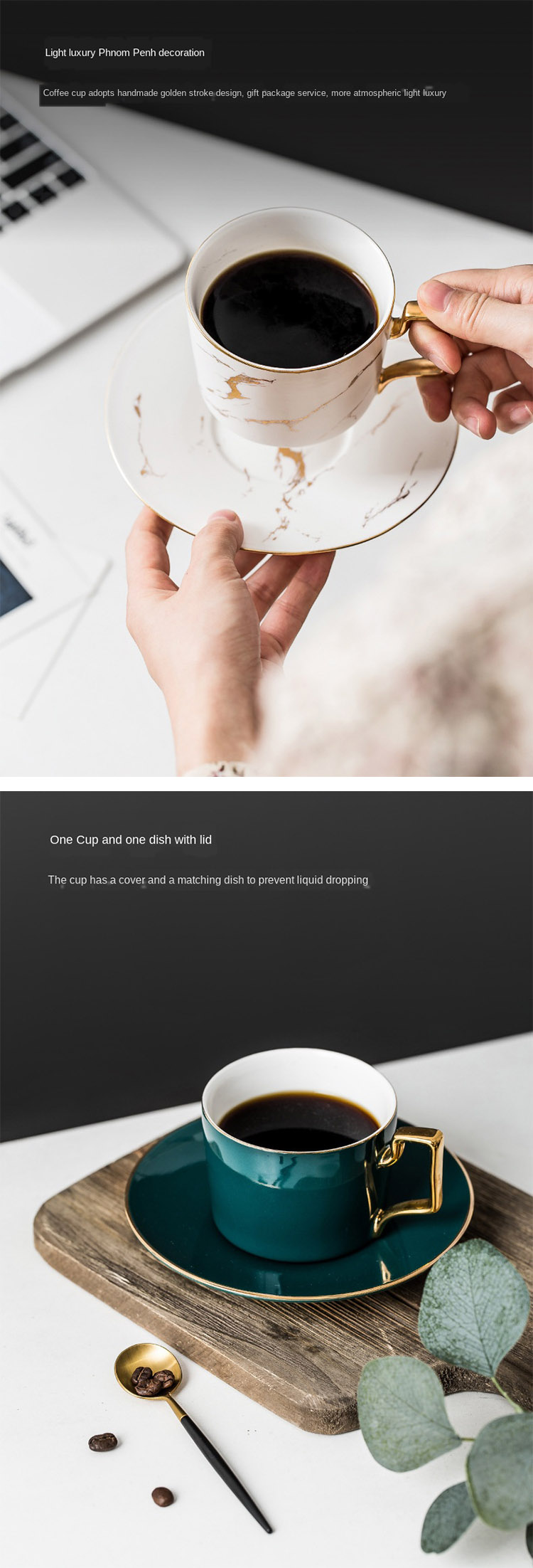 250ml Black White Marble Ceramic Coffee Mug Golden Rim Handle And Caucer For Office Leisure Hall