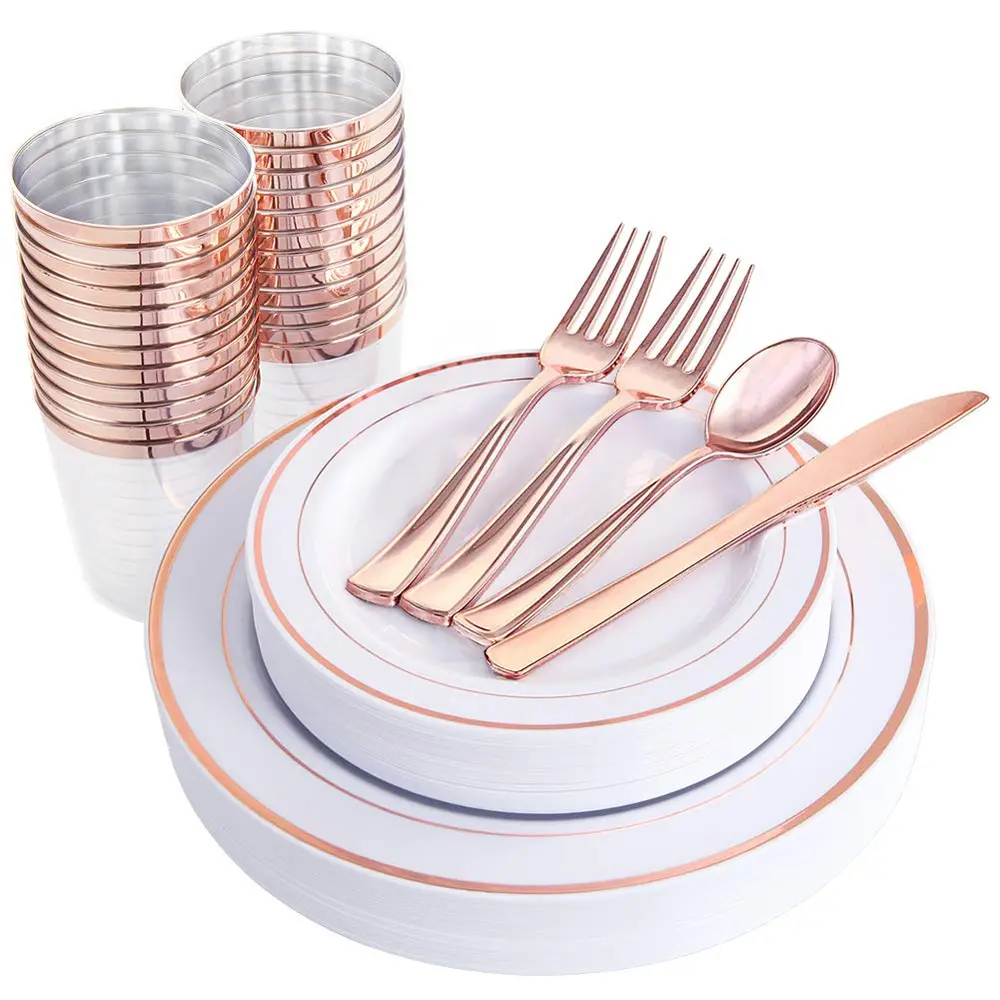 Wholesale 175pcs rose gold disposable plastic round charger plates plastic plate making machine price for wedding decoration