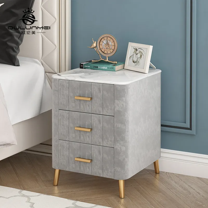 Modern Design Nordic Simple Style Square Grey Flannelette Wood Bedside Table For Bedroom With Three Drawers