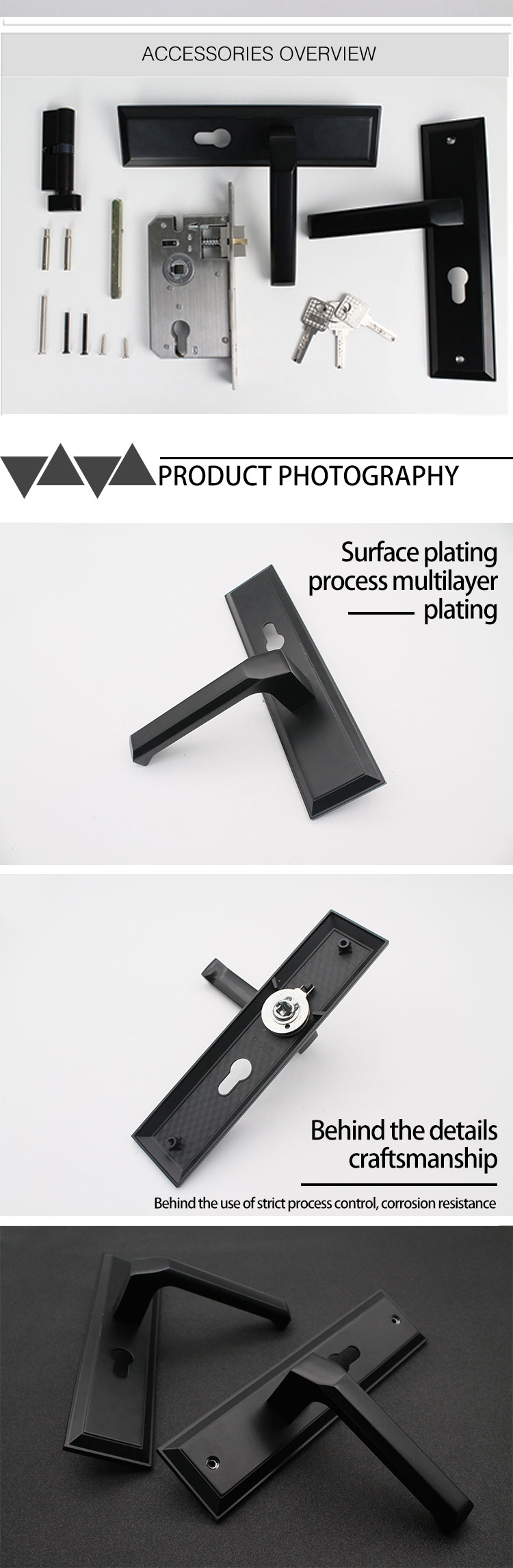 Black Zinc Alloy American Style Door Handle With Plate Zinc Lock Handle With Privacy Latch