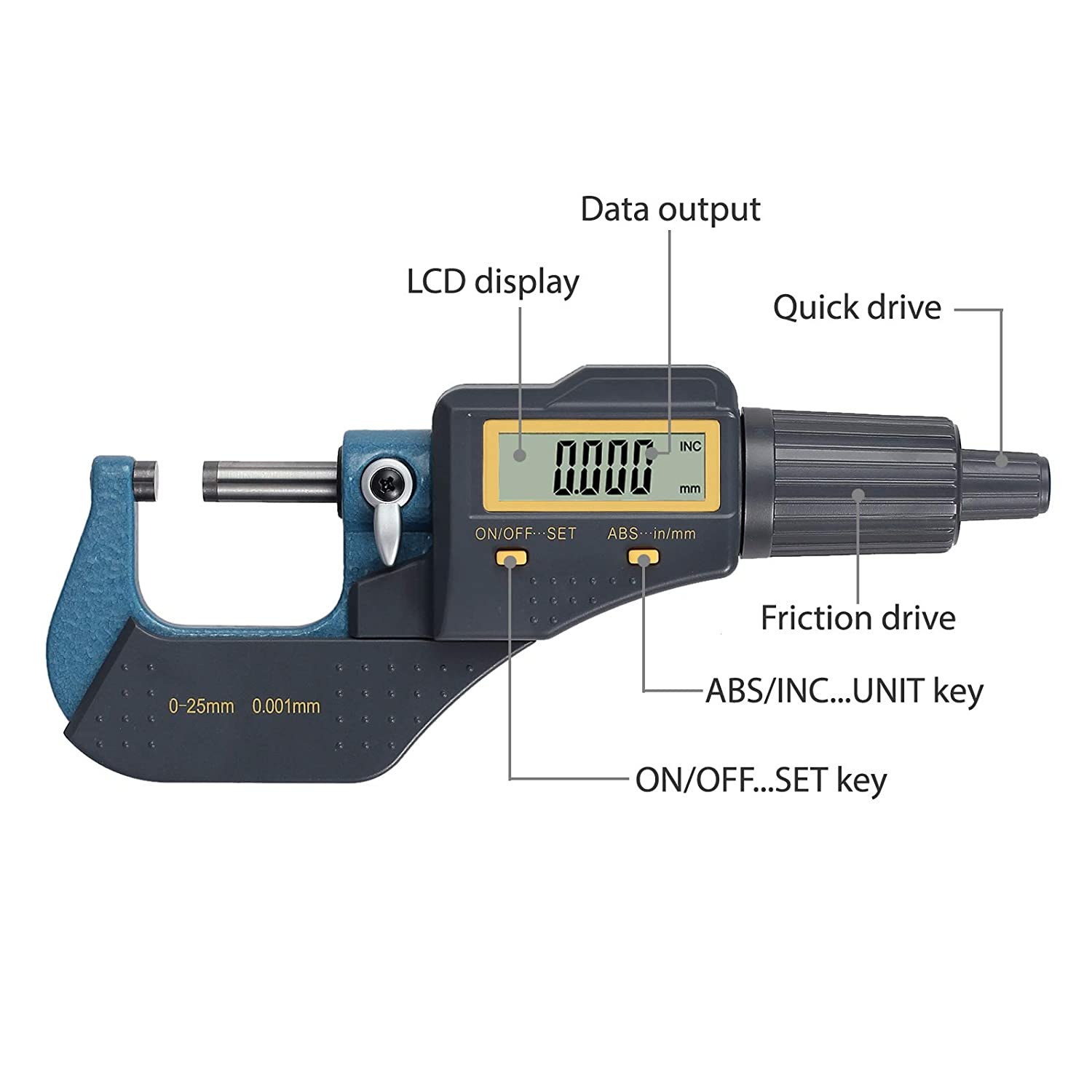 0-25MM Digital Display Micrometer,Chrome Plated Alloy Digital Display High Accuracy Low Error Micrometer 0.001mm Resolution