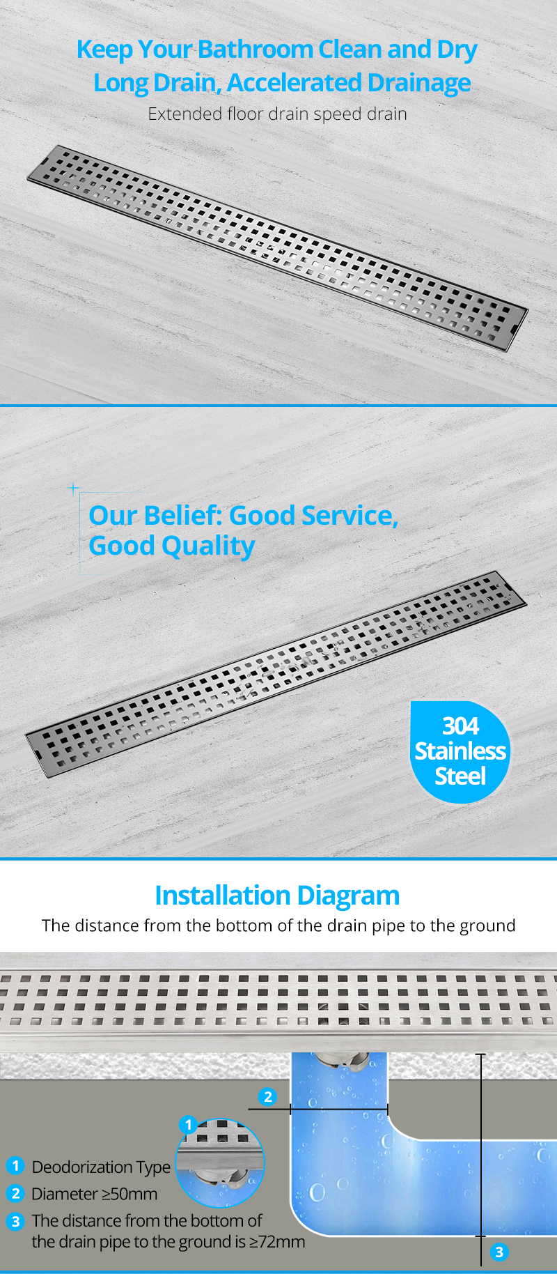 60*6.7CM shower bathroom insert linear concrete tile odor resistant long floor drain