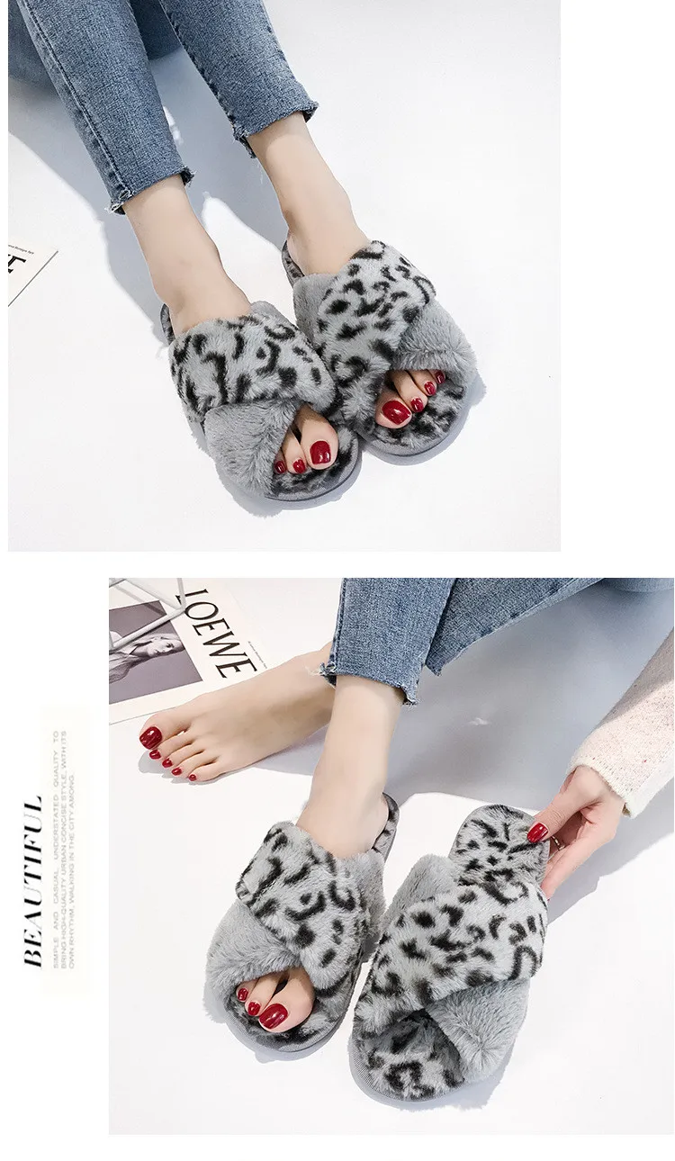 Womens Winter Cross Plush Home Slippers Fuzzy Warm Flat Leopard Shoes Open Toe Sandal