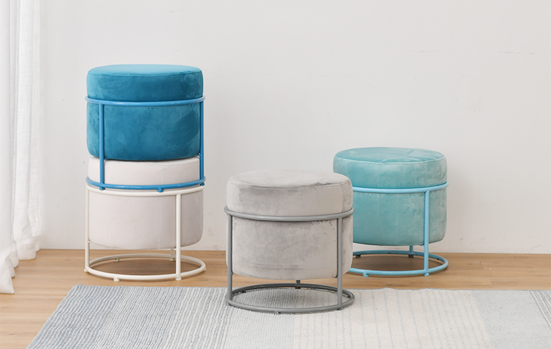 Modern Round Velvet Upholstered Ottoman Stool With Powder Coated Metal Base in Matching Color