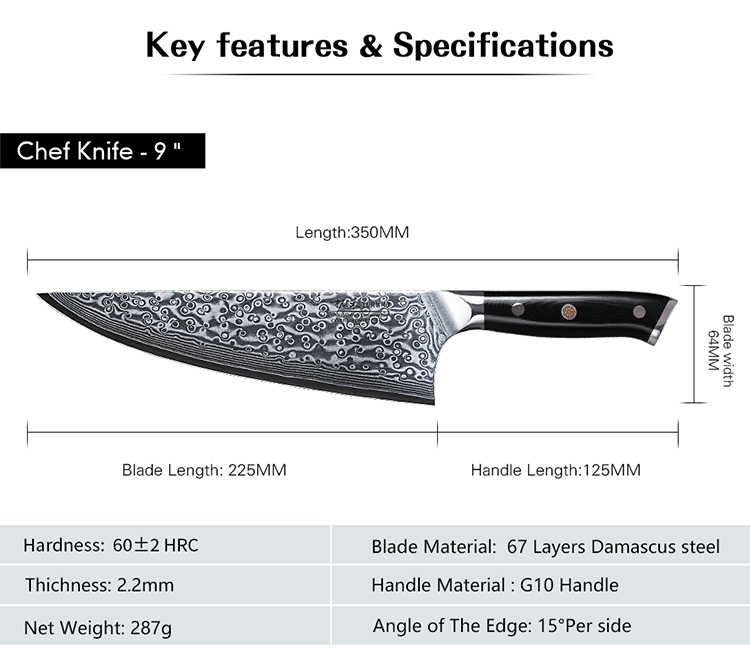 Professional  9" Damascus Kitchen Chef Knife with G10 Handle