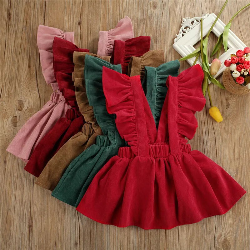 Newborn Baby Girl Valentines Day Ruffle Solid Ruffle Top Velvet Suspender Skirt Romper Outfits