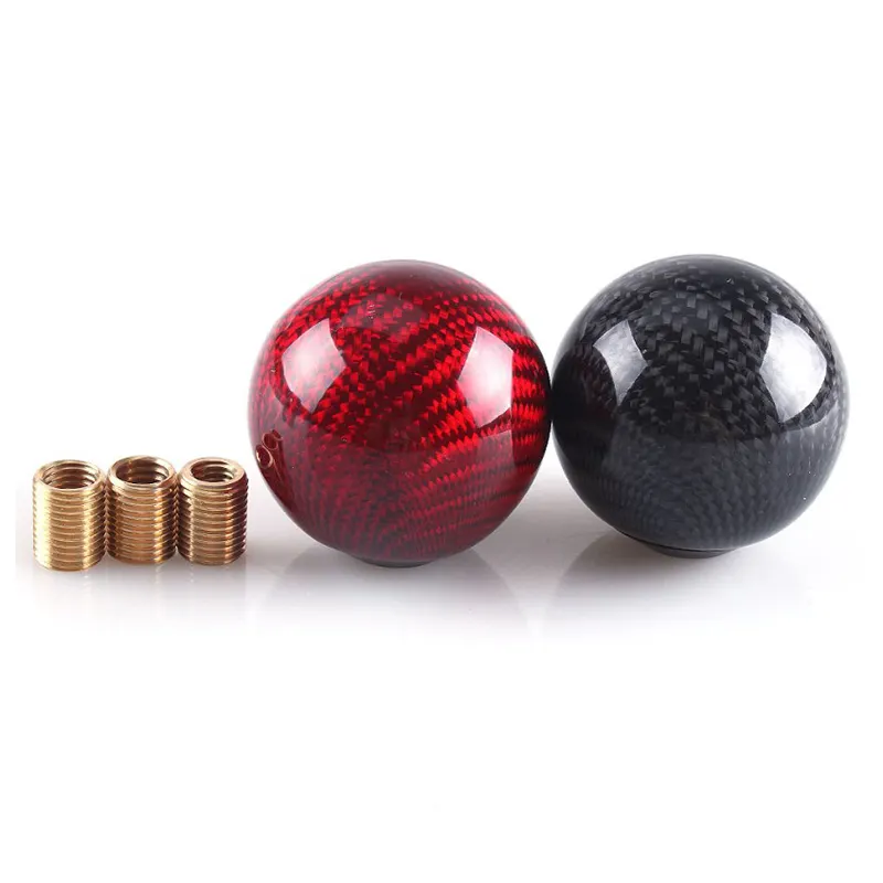 Car Gear Shift Knob Round Ball Shape Black Carbon Fiber Universal with Adapters