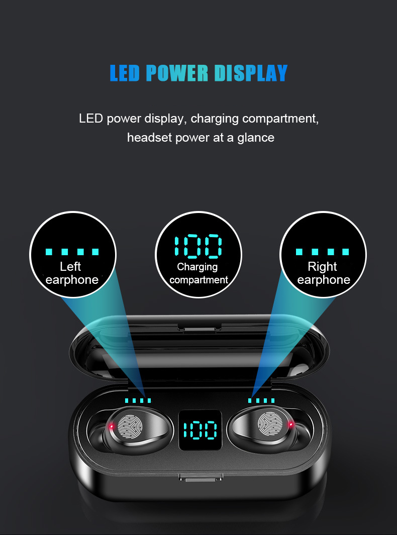 GlobalCrown F9 TWS Wireless Bluetooth 5.0 Headphones Touch Headphones With 2000mAh Power Bank