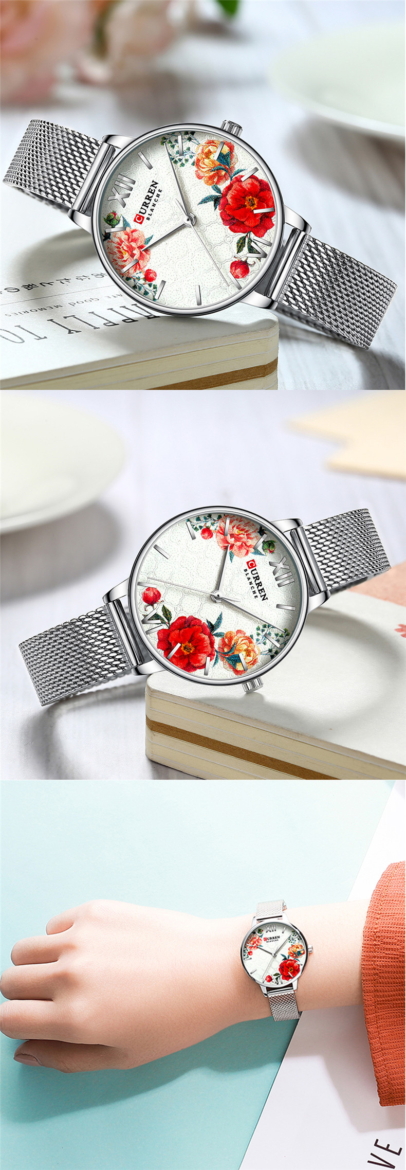 CURREN – montre-Bracelet en acier inoxydable pour femme, fleur, horloge à Quartz, décontracté, nouvelle collection 9060