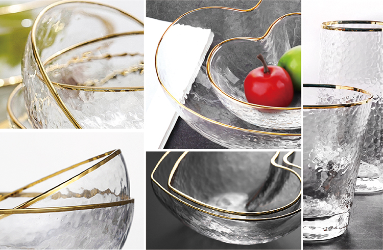 Hot selling crystal clear heart shape glass bowl with gold rim