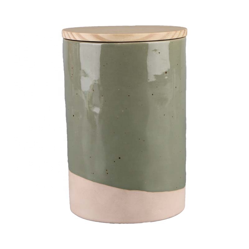 wholesale cheap custom green  coffee bean candy sugar big container tea canister ceramic food storage jar with wooden lid