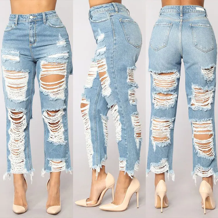 Fashion women summer ripped destroy denim soft light blue jeans