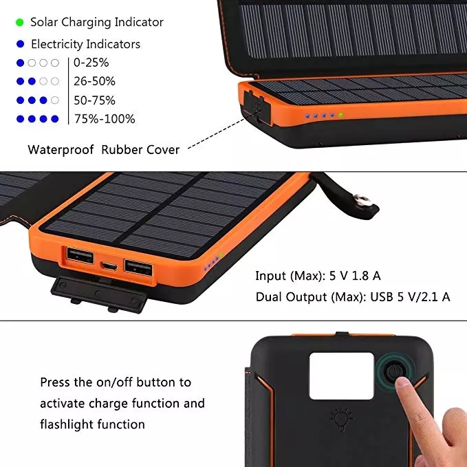 8000mAh 5V Waterproof Portable Solar Charger Solar Phone Charger Camping 1