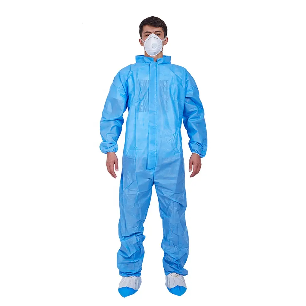Синий нетканый SMS Химический Промышленный одноразовый защитный комбинезон с воротником рубашки