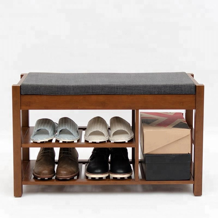 2 layers shoe rack with seat cushion and drawer, bamboo shoe stool for entrance