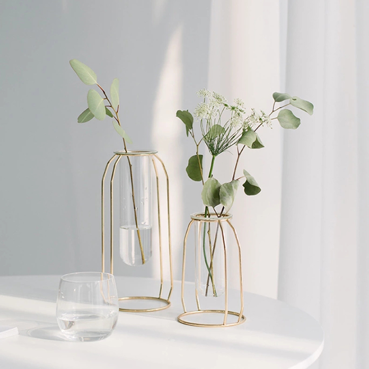 Manufacturer Cheap  Clear Hydroponics Glass Vase Home Wedding Decor with Rose Gold Stand