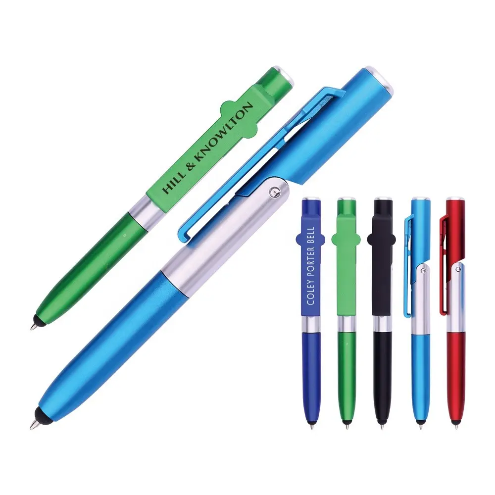 Hot selling 4 in 1 touch screen phone holder ball pen stylus multi function LED light stylus pen for promotional logo pen