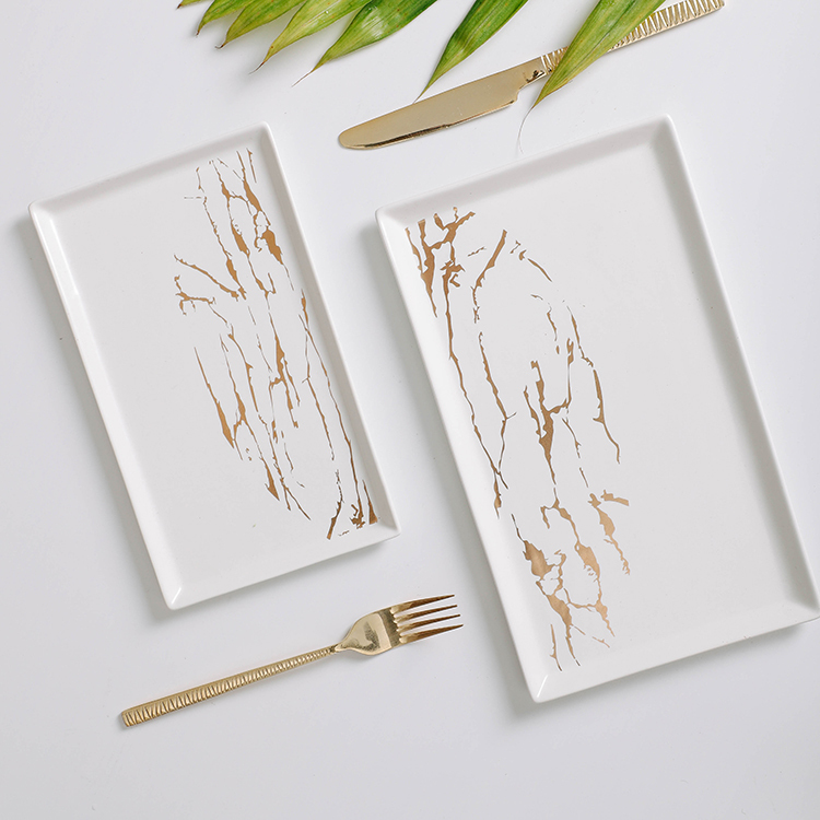 The latest design fancy rectangle gold marble porcelain serving plate for restaurant