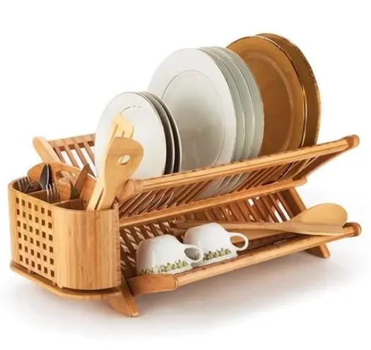 Eco-friendly 2-Tier Bamboo Kitchen Cooking Tools Collapsible Utensils Holder Drying Rack