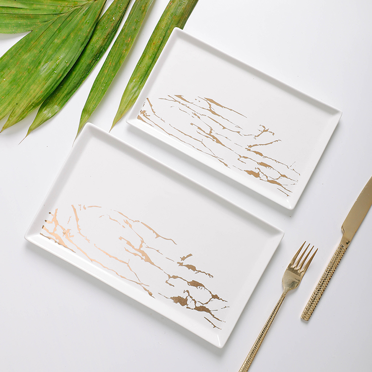 The latest design fancy rectangle gold marble porcelain serving plate for restaurant