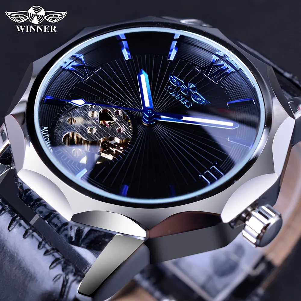Winner Men Watch Blue Ocean Geometry Design Transparent Skeleton Dial Top Brand Luxury Automatic Fashion Mechanical Watch Clock