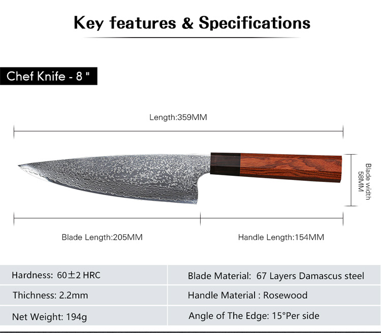 High Carbon Damascus Chef Knife with Rosewood Handle