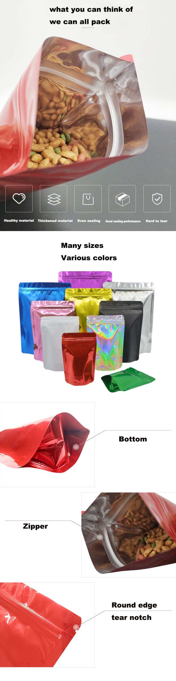 custom different color size printing matt gloss stand up pouch ziplock packaging bags