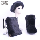 Jellyooy BEACHKINS Imitation Fox Fur Hand Bag With Colorful Wigs Hat And Multicolor Fur Boots Slides Sandals 3PCS Sets