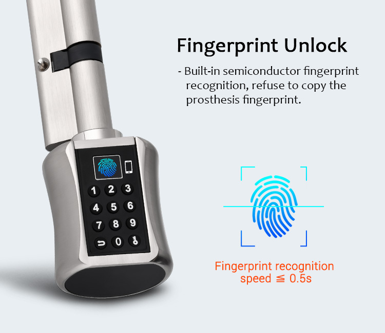 Tediton Best European Aluminum BLE APP Door Lock Cylinder with Fingerprint Key
