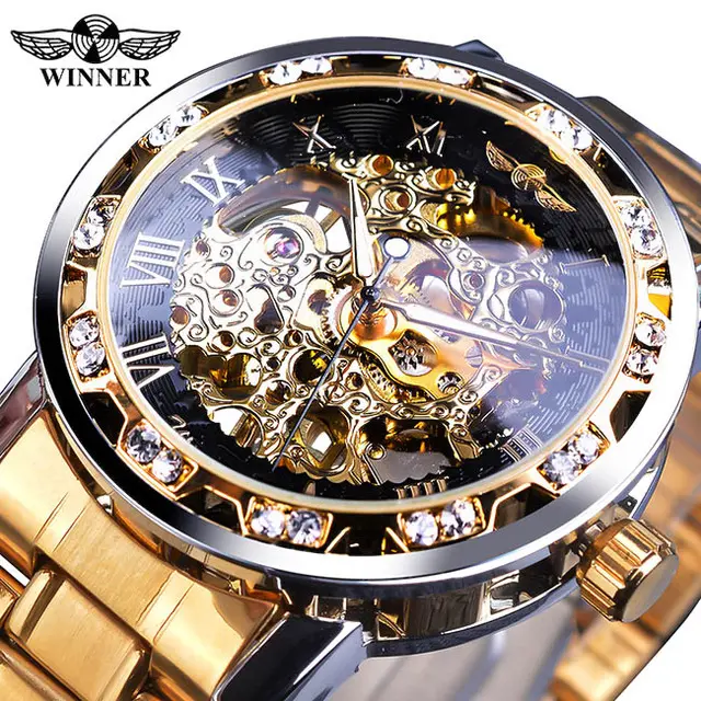 Winner Fashion Diamond Display Luminous Hands Gear Movement Retro Royal Design Men Mechanical Skeleton Wrist Watches
