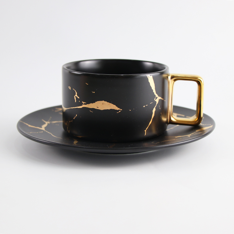 Marble european black marble tea water cup ceramic coffee cup set with saucer