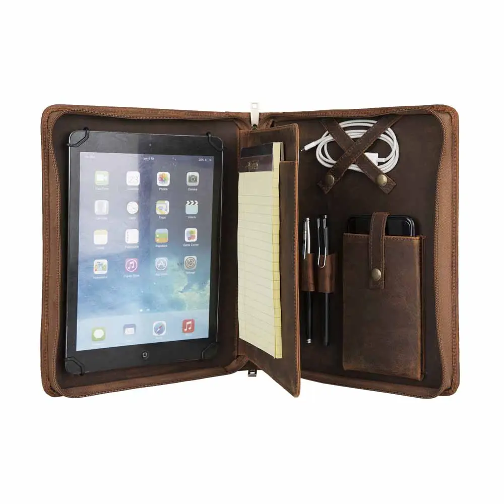 Mens Vintage Genuine Leather Business Zipper Padfolio Portfolio File Folder For 9.7-inch iPad/iPad Pro