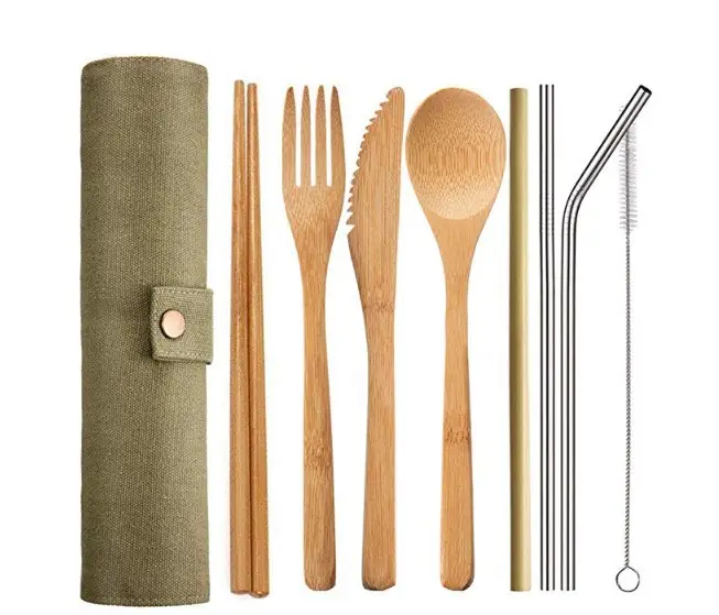 Portable Travel Cutlery Set fork Knife Fork Spoon Chopsticks and Straws Reusable Bamboo tableware
