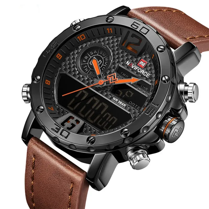 Mens Watches Top Luxury Brand Men Leather Sports Watches 9134 NAVIFORCE Men's Quartz LED Digital Clock Waterproof Military Watch