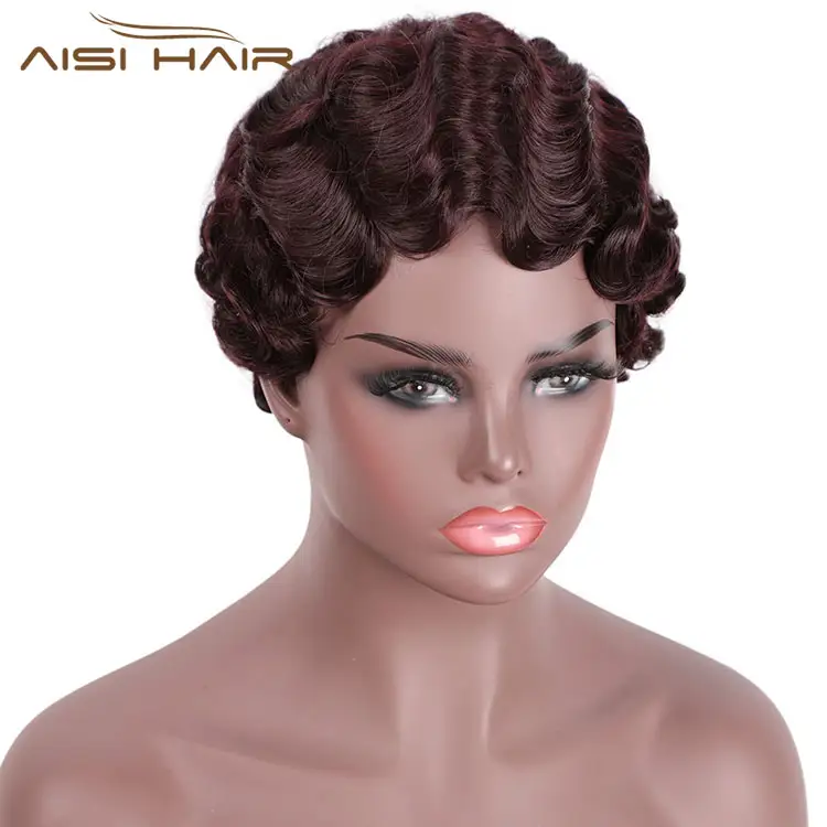 Aisi Hair Finger Waves Synthetic Hair Wig Heat Resistant Short Wigs for African American Women Pixie Cut Cute Wigs