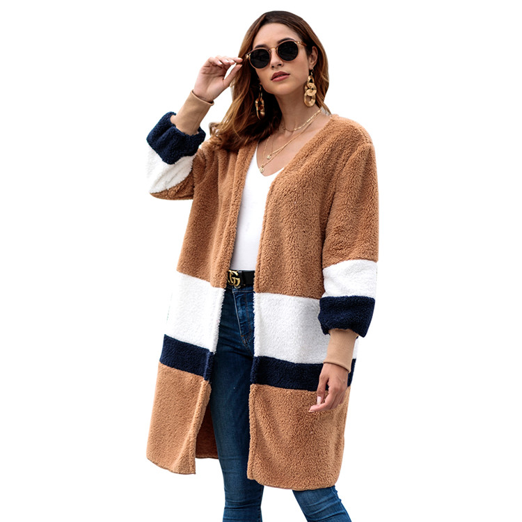 China Manufacturer Casual Winter Warm Velvet Striped Open Sweater Outwear Ladies Long Coats Women