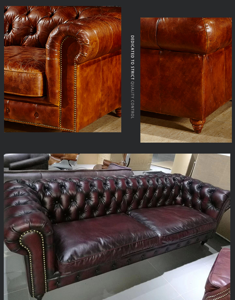 Professional standard vintage genuine leather chesterfield sofa tan leather couch love seat sofa America style sofa