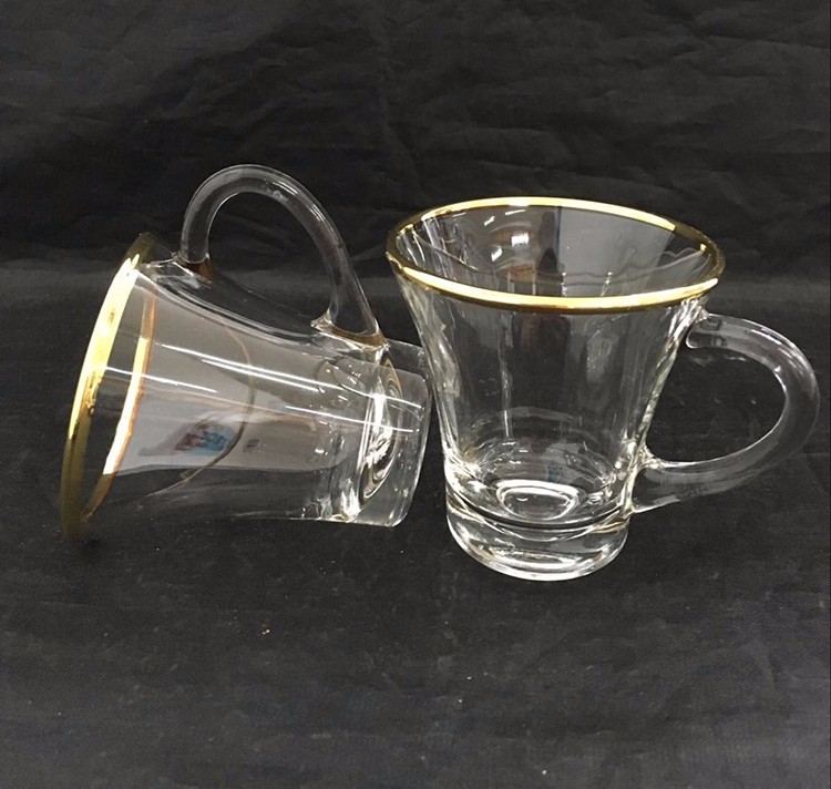 glass coffee mug with gold rim