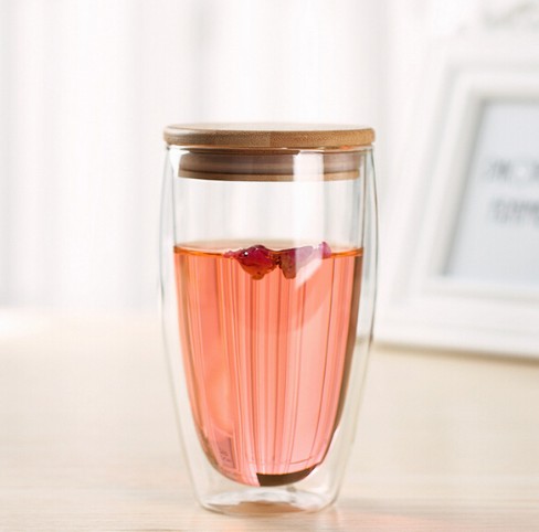 250ml 350ml 450ml Insulated Double Wall Borosilicate Glass Coffee Cup with bamboo lid