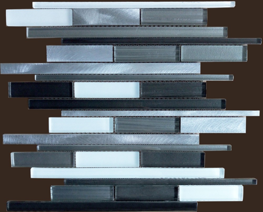 Black and super white glass mix aluminum mosaic/ Grey colour strip mosaic tile