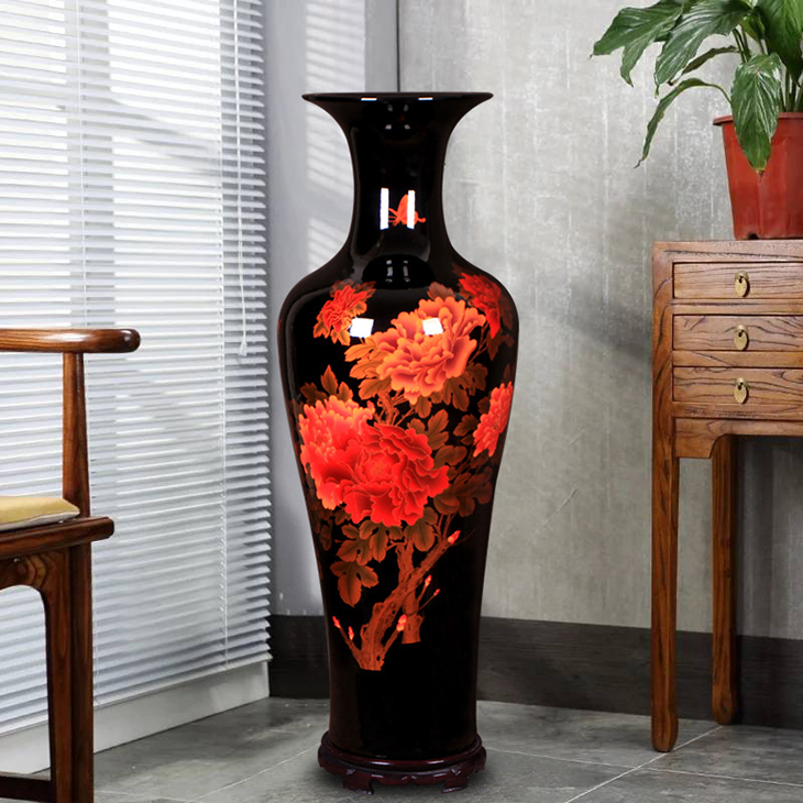 Handmade black flower design glazed ceramic unique tall floor large vase