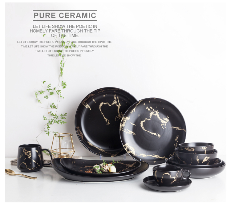 Ceramic Gold Marble Dessert Plate White And Black